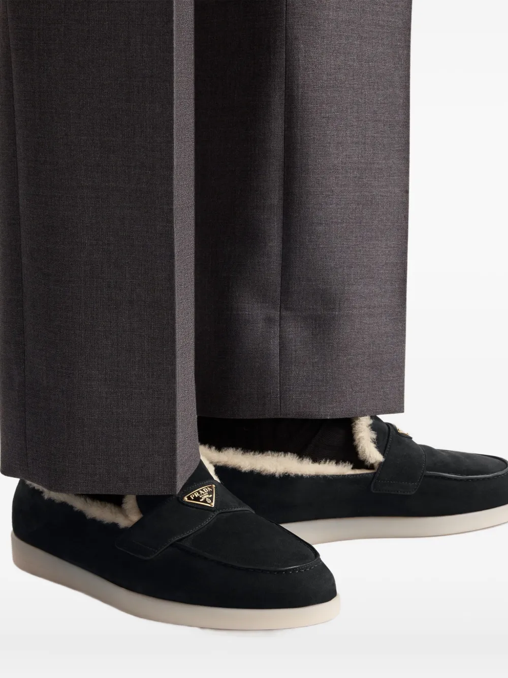 Prada Triangle-logo Shearling Loafers In Black