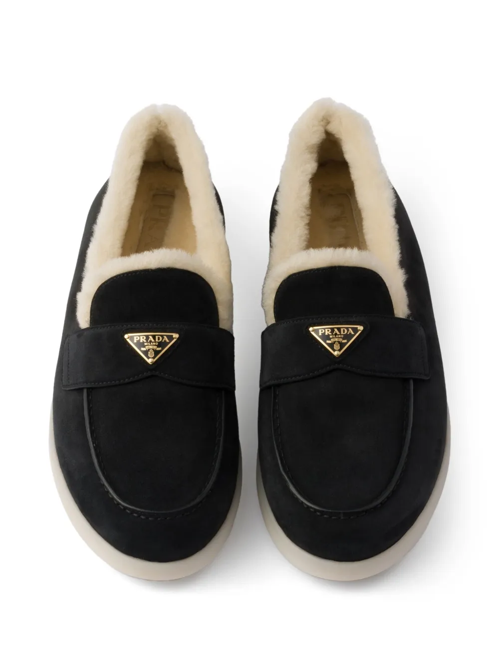 Prada Triangle-logo Shearling Loafers In Black