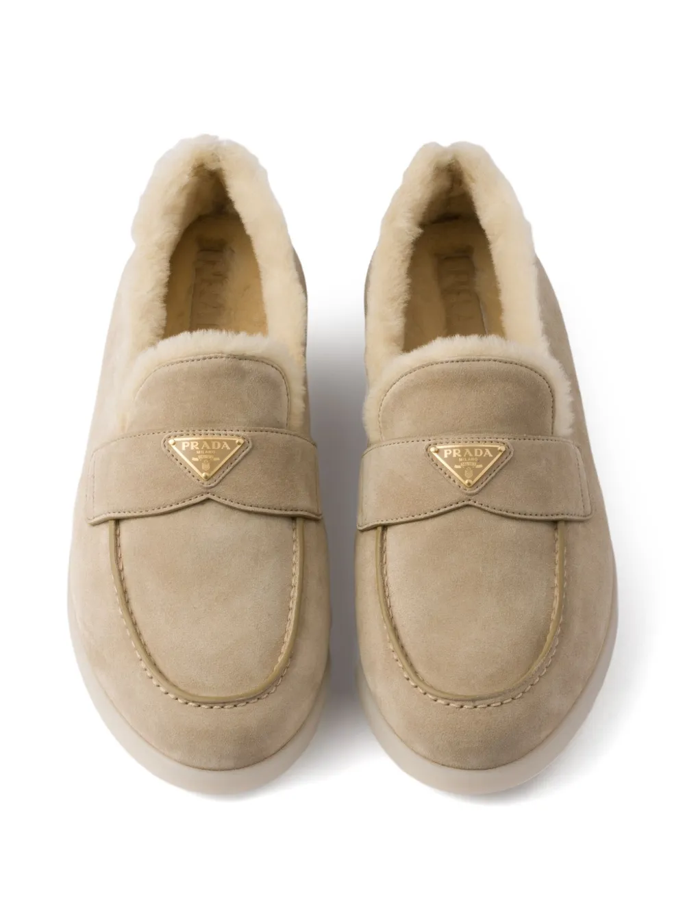 Prada Suede Shearling Loafers In Neutral