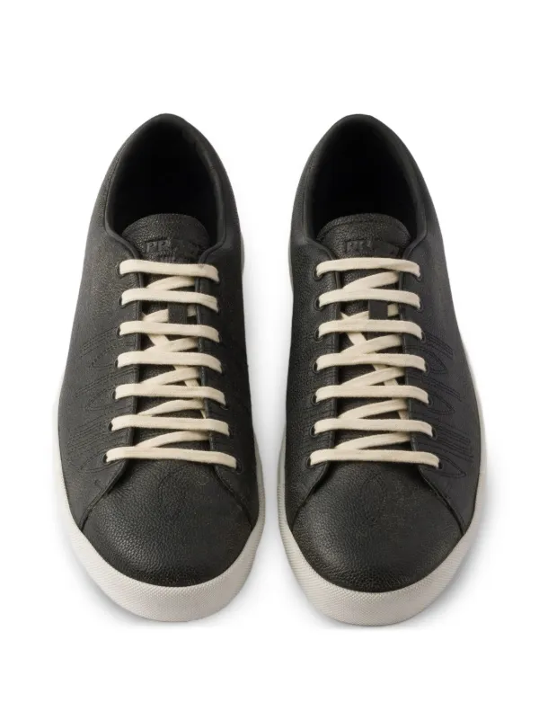 PRADA AGED-EFFECT BLACK PEBBLED LEATHER LOW-TOP SNEAKERS LOGO SZ US 11 UK 10 NEW PRADA LOGO PLAQUE SNEAKERS SHOES 2EE378 BLACK LEATHER NEW US  main image 3