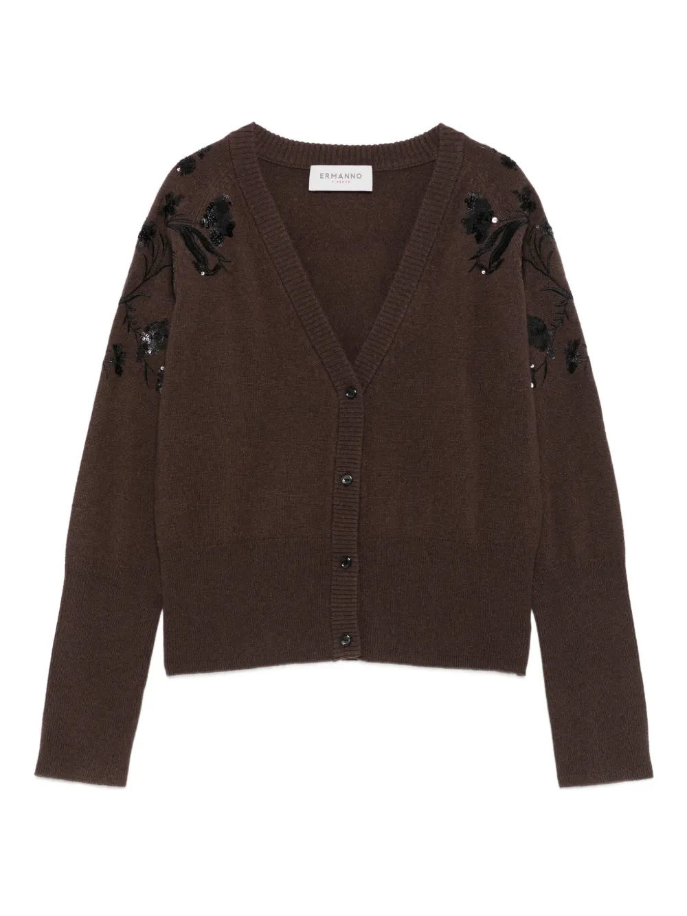 Ermanno Firenze Floral-embroidered Wool Cardigan In Brown