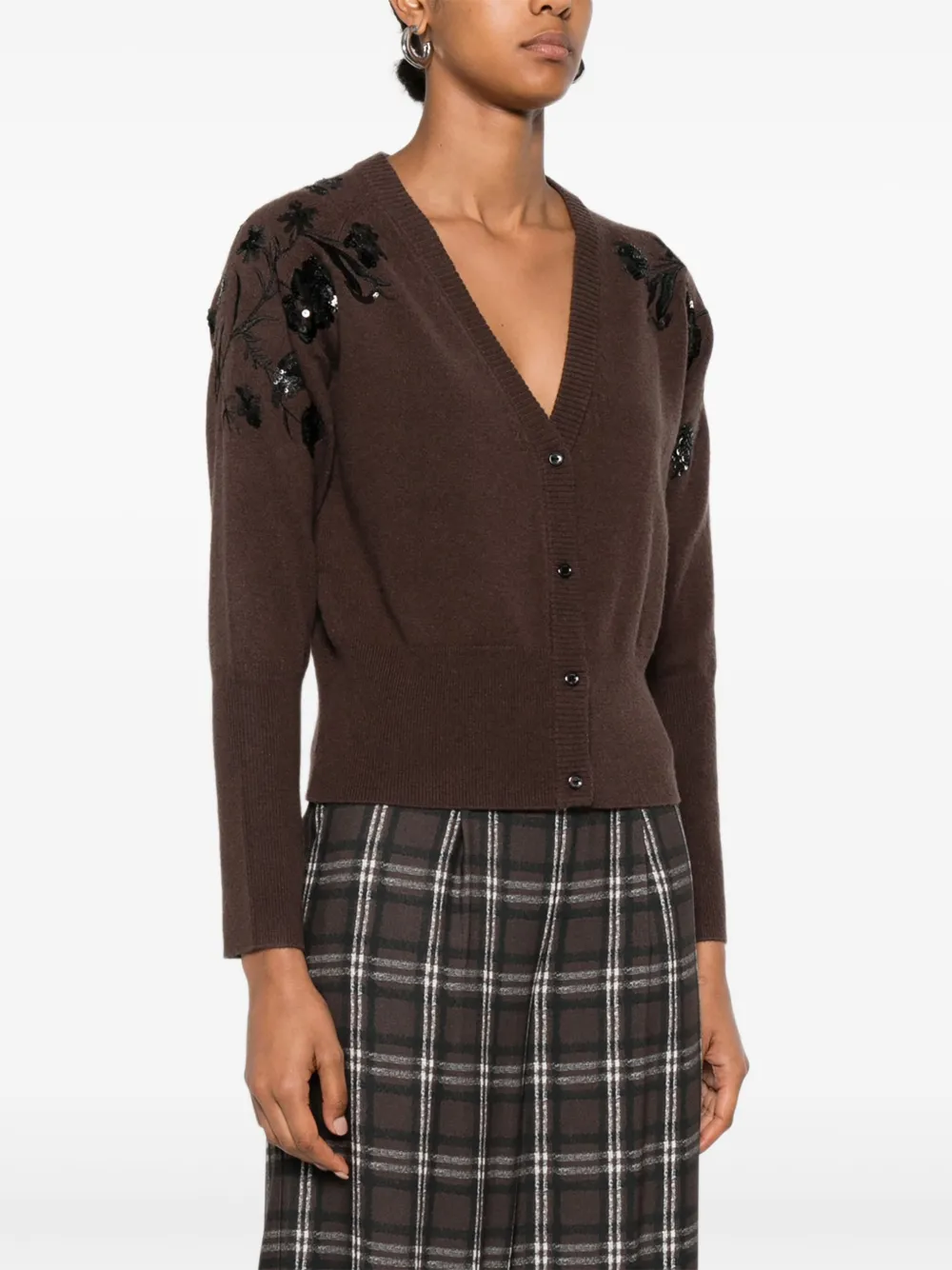 Ermanno Firenze Floral-embroidered Wool Cardigan In Brown