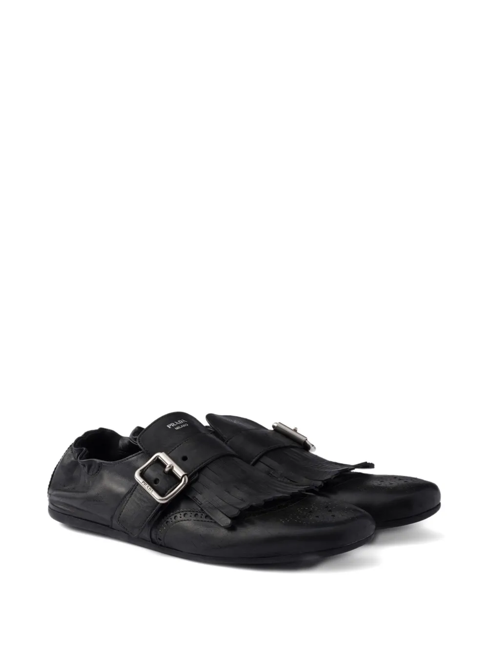 Prada buckle-strap fringe-detail leather loafers F0002 Black