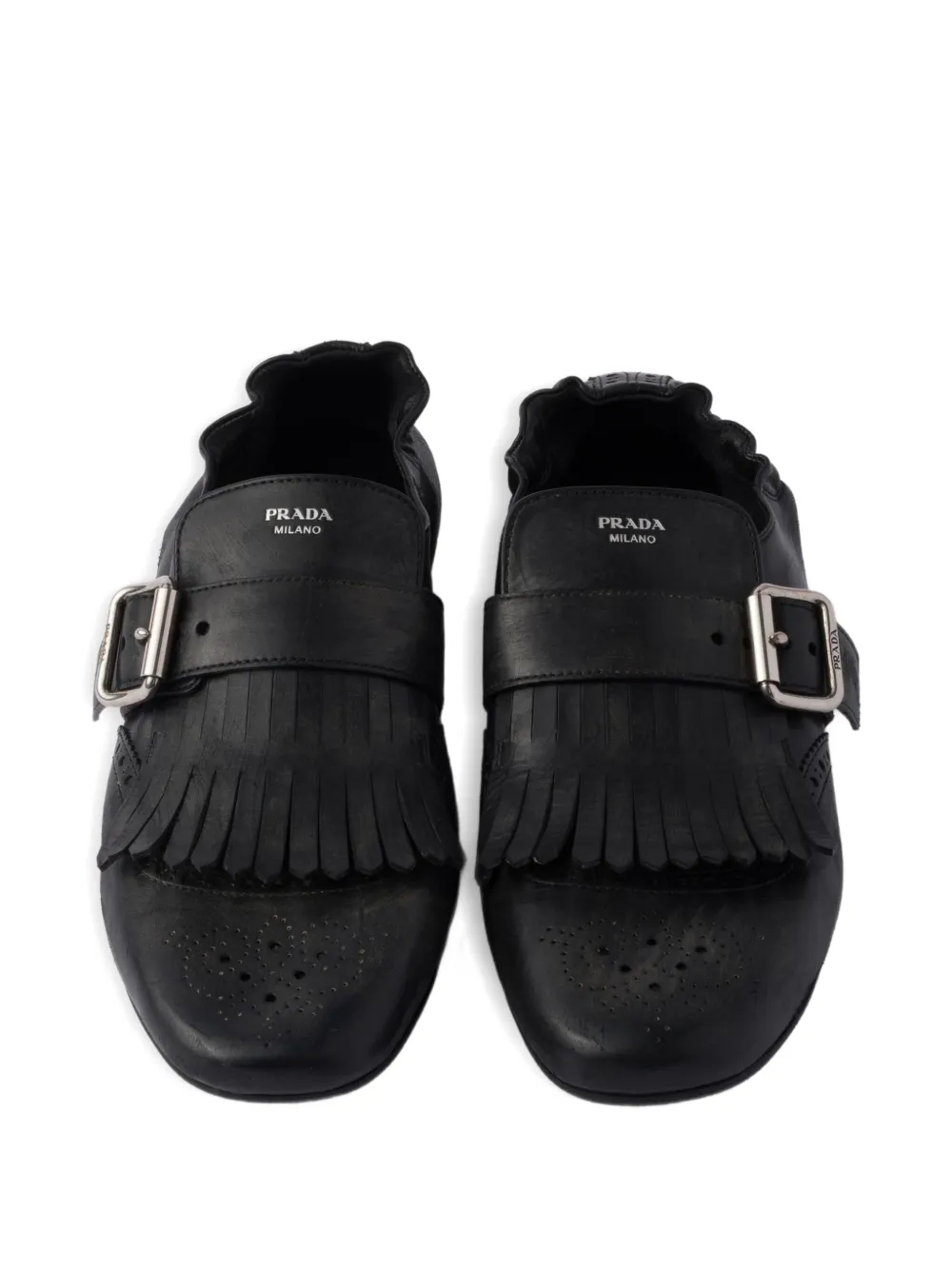 Prada buckle-strap fringe-detail leather loafers F0002 Black