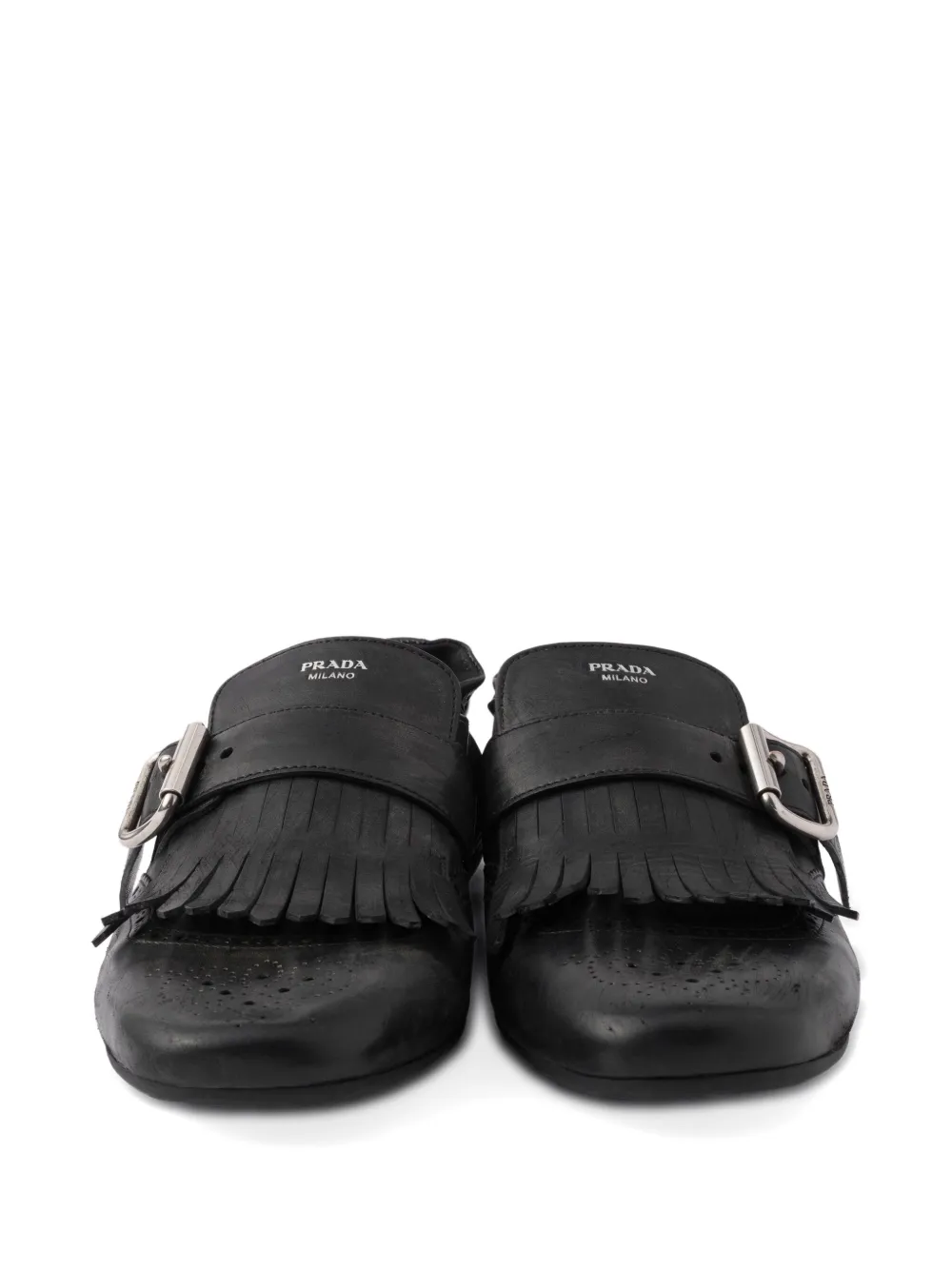 Prada buckle-strap fringe-detail leather loafers F0002 Black