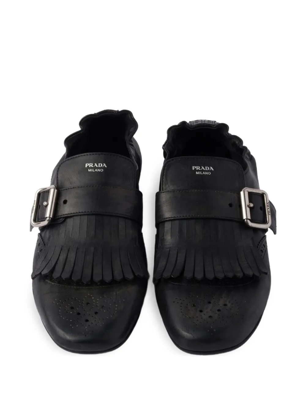 Prada buckle-strap fringe-detail leather loafers Black