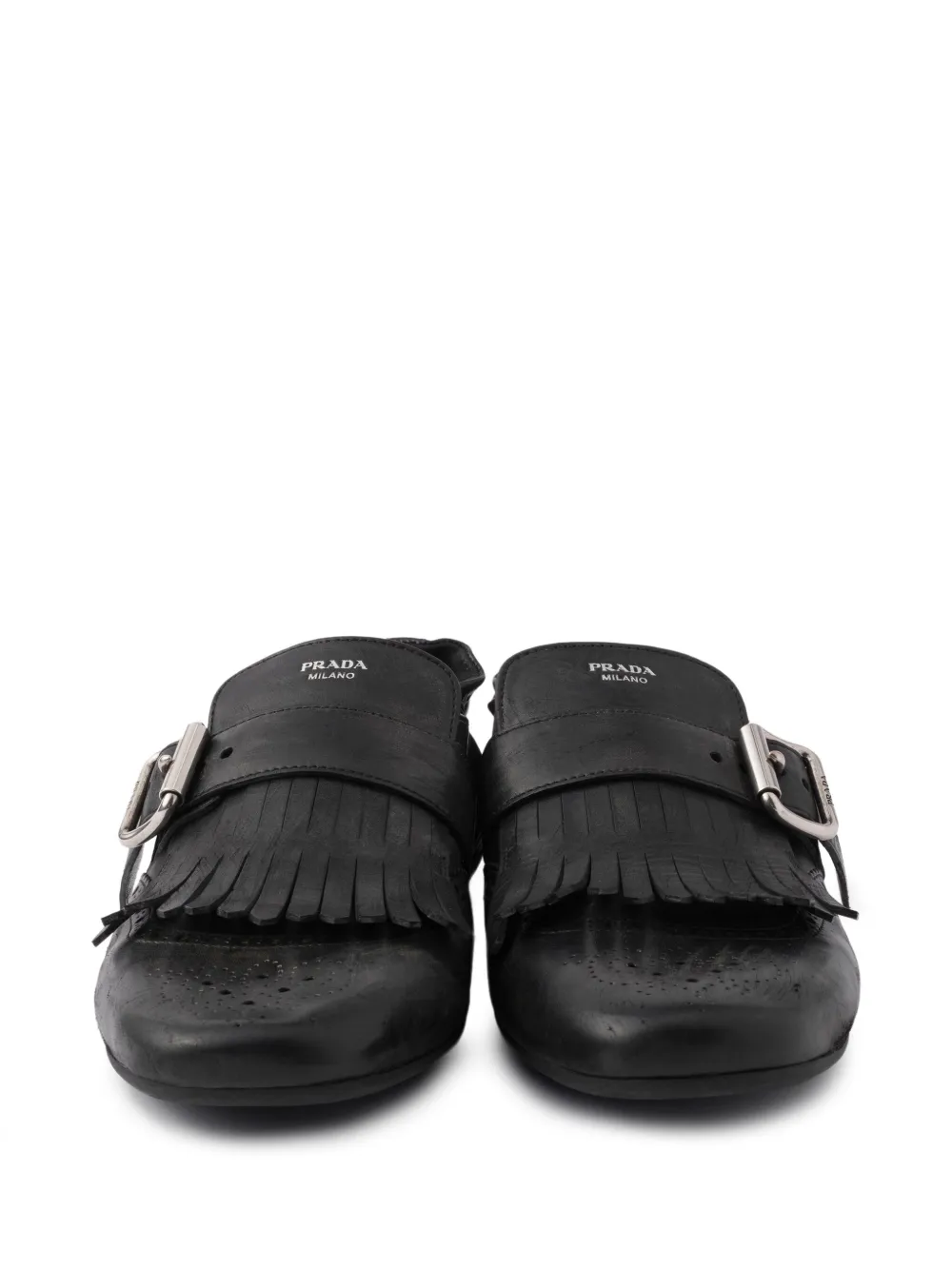 Prada buckle-strap fringe-detail leather loafers Black