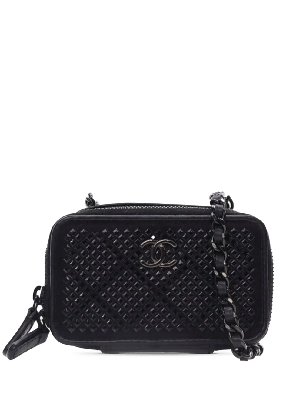 Pre-owned Chanel 2021-2025 Lambskin Satin Strass Studded Clutch With Chain Crossbody Bag In Black