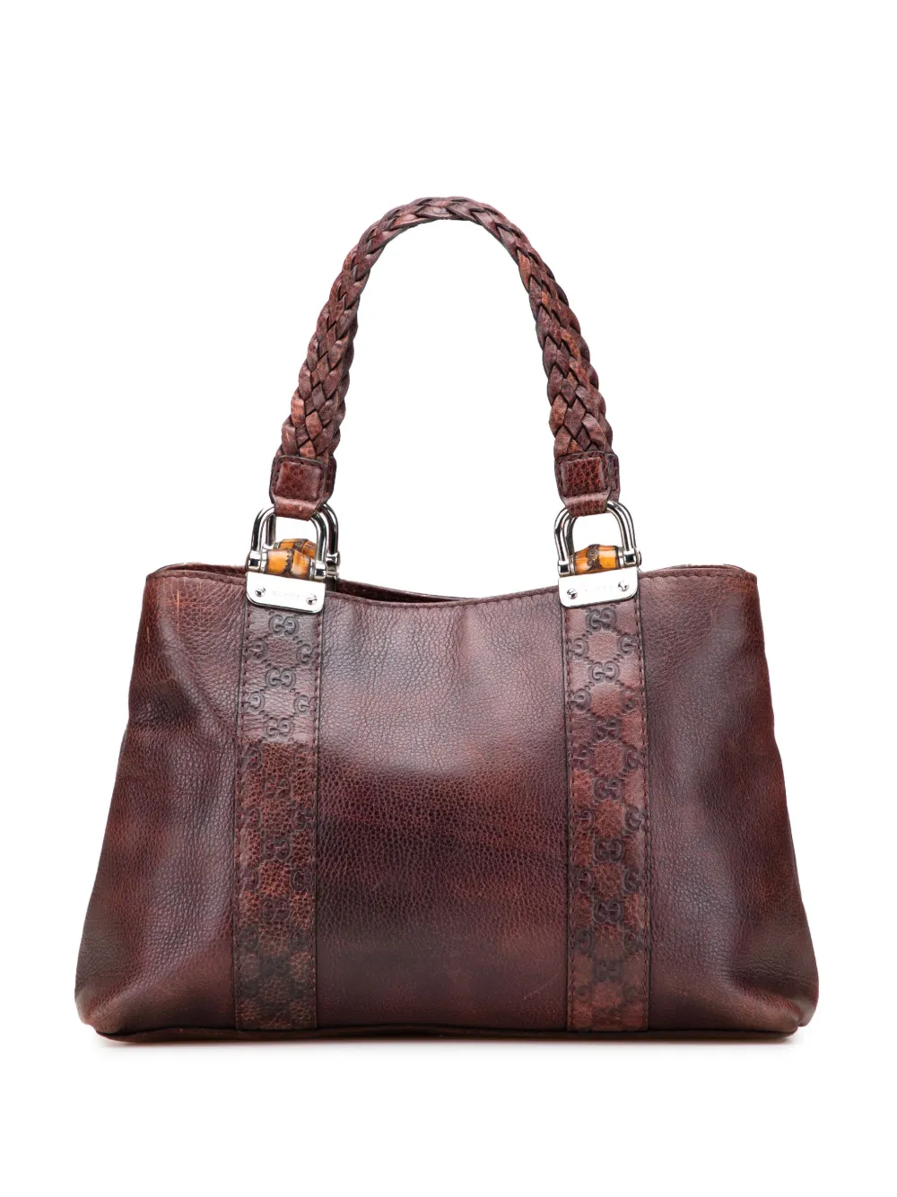 Pre-owned Gucci 2000-2015 Ssima Trimmed Leather Bamboo Libeccio Tote Bag In Brown