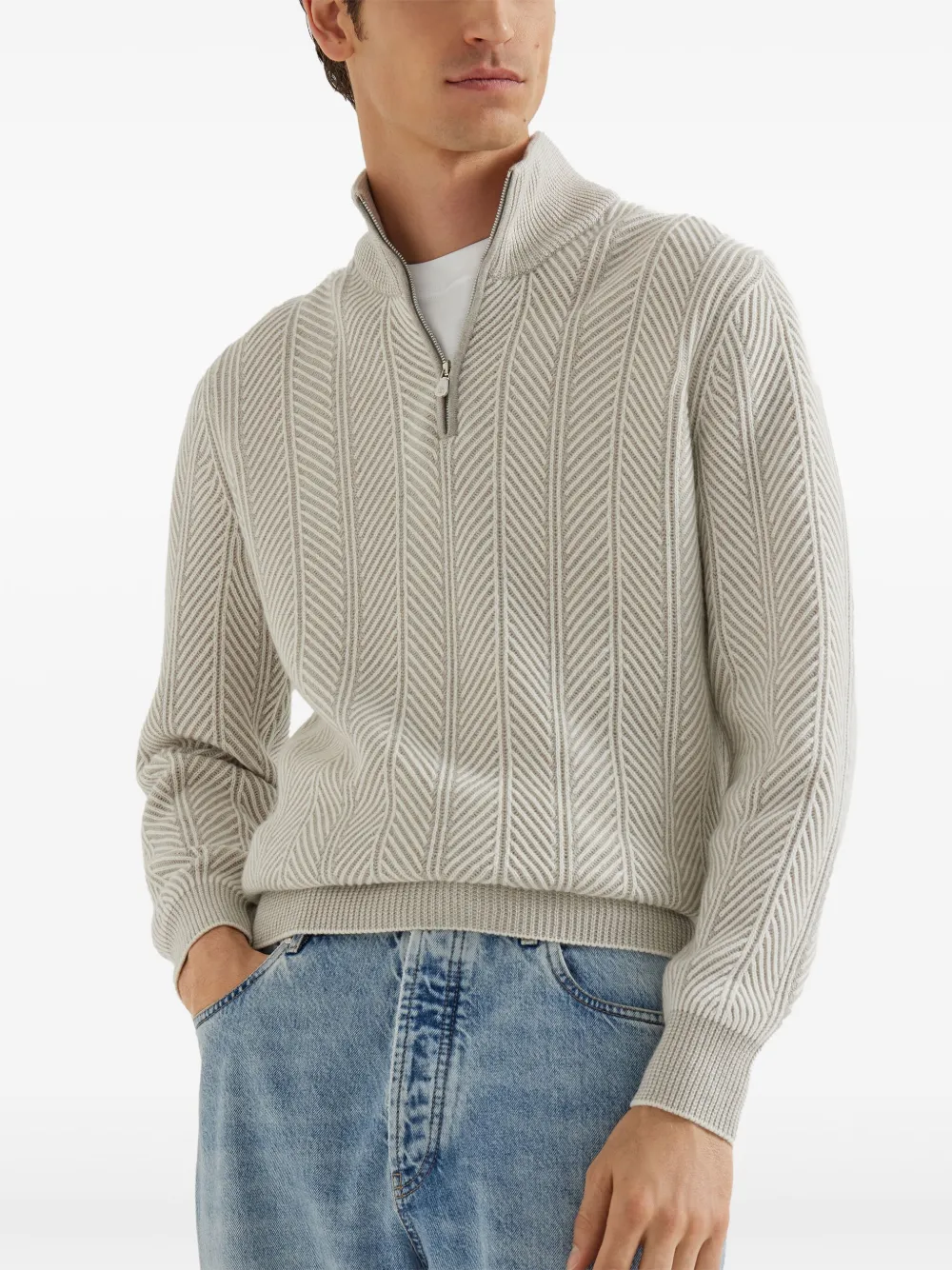 Brunello Cucinelli Trui met visgraatpatroon en halve rits Beige