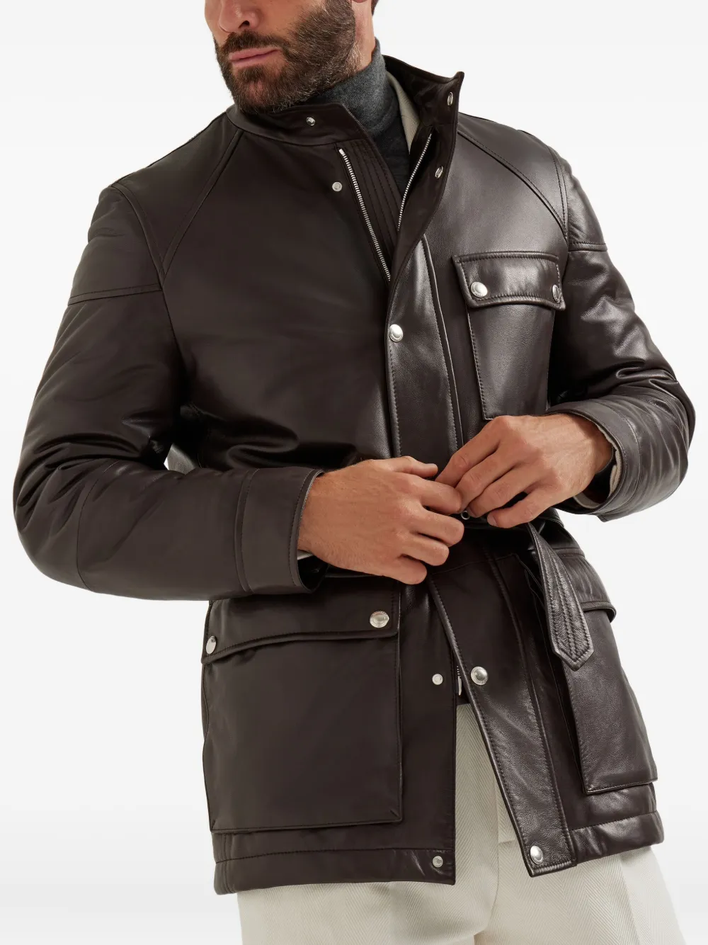 Brunello Cucinelli Leren safari jack met ceintuur Bruin