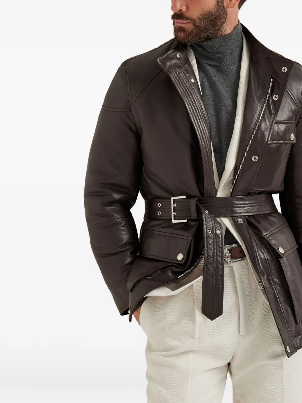 Brunello Cucinelli Leren safari jack met ceintuur Bruin