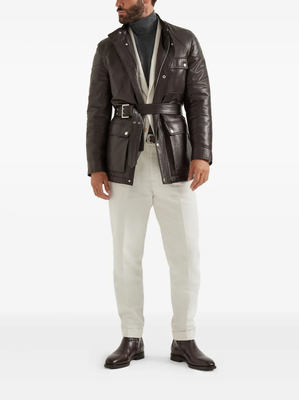 Brunello Cucinelli Leren safari jack met ceintuur Bruin