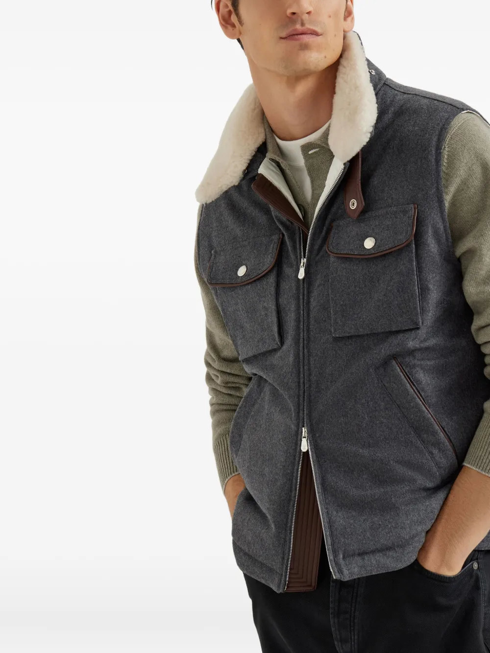 Brunello Cucinelli shearling-collar wool vest Grijs