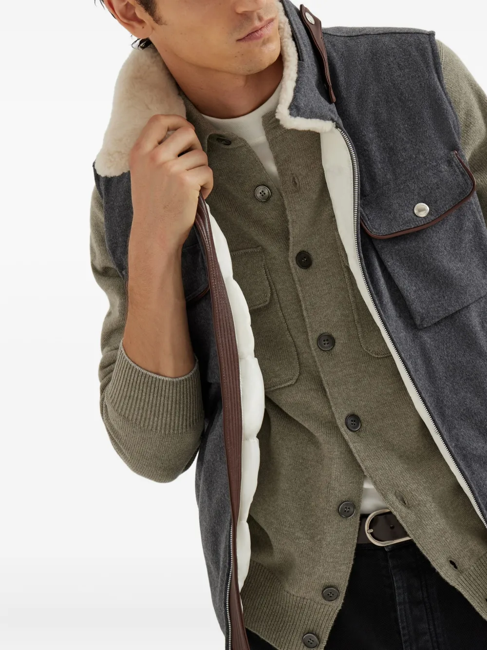 Brunello Cucinelli shearling-collar wool vest Grijs