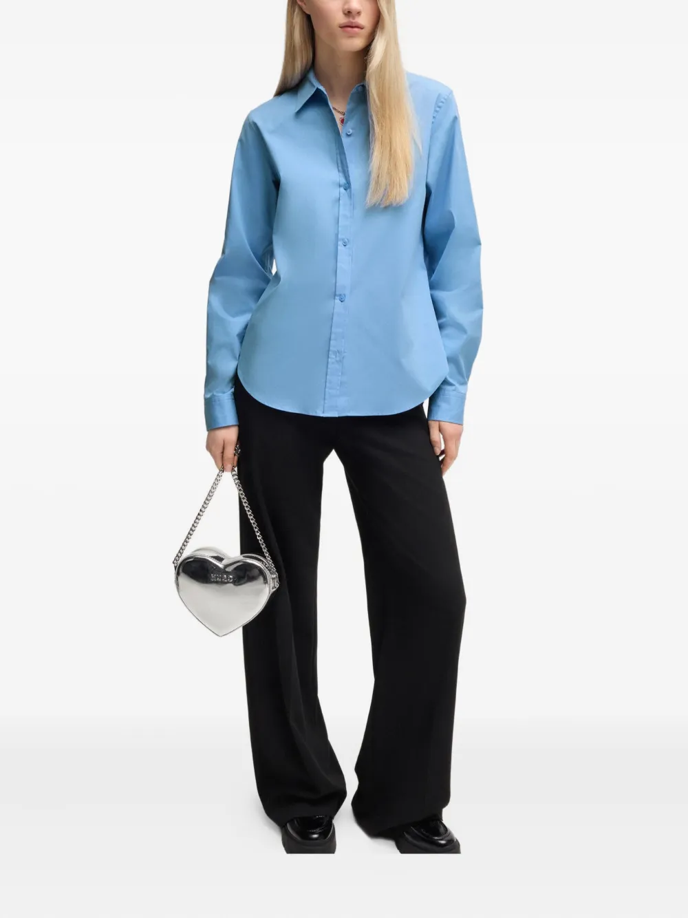 HUGO logo-embroidered long-sleeved shirt - Blauw