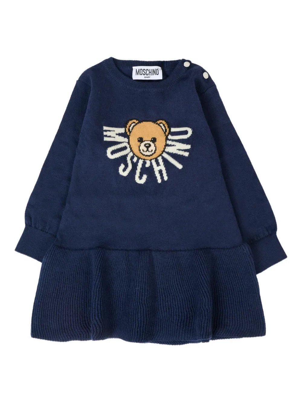 Moschino Kids Jurk met teddybeer-intarsia Blauw