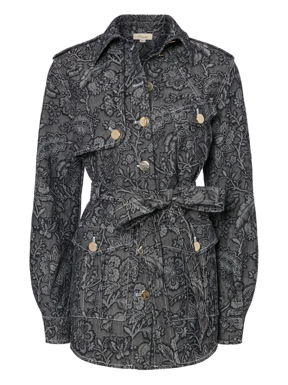 Temperley London Floral-print Belted Denim Jacket In Black