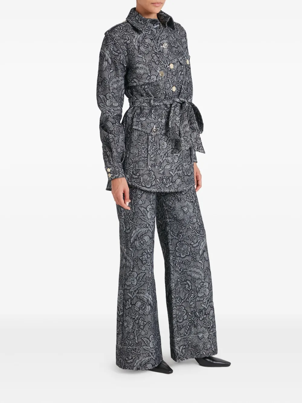 Temperley London Floral-print Belted Denim Jacket In Black