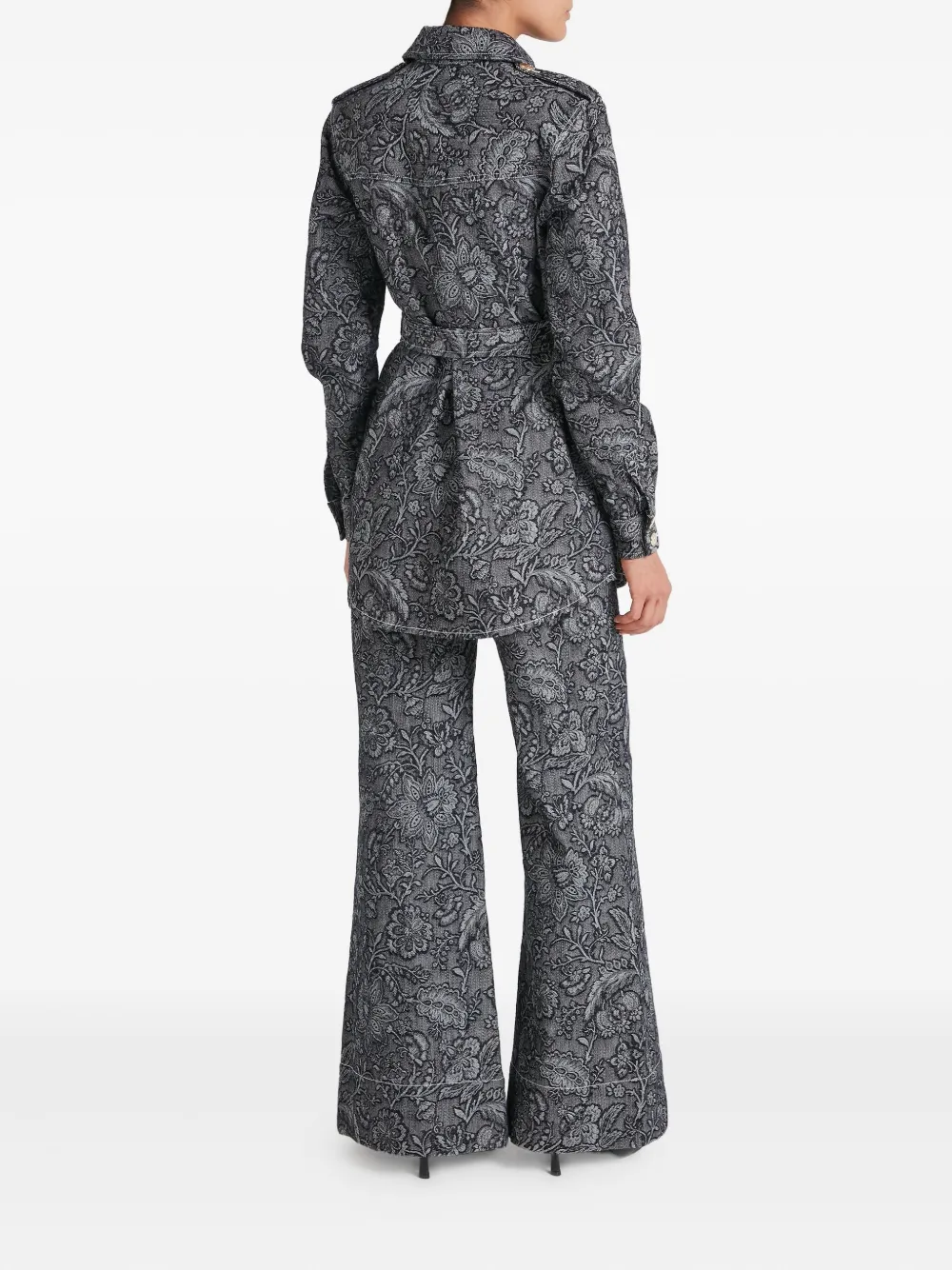 Temperley London Floral-print Belted Denim Jacket In Black