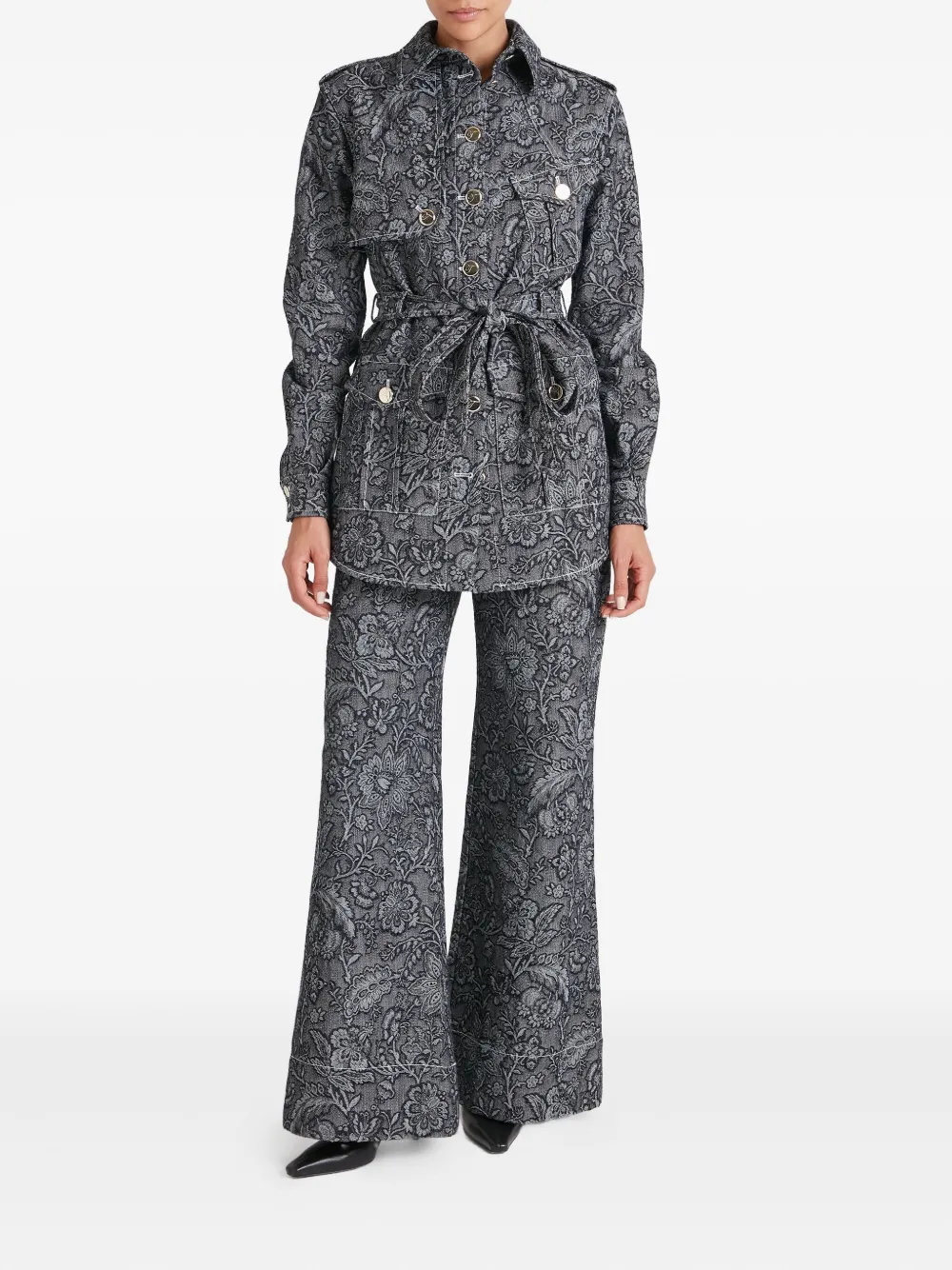 Temperley London Floral-print Belted Denim Jacket In Black