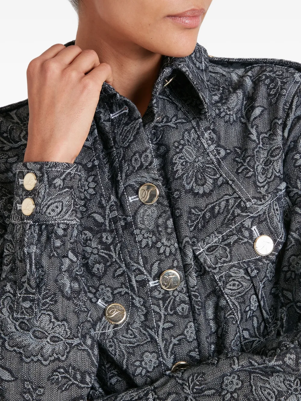 Temperley London Floral-print Belted Denim Jacket In Black
