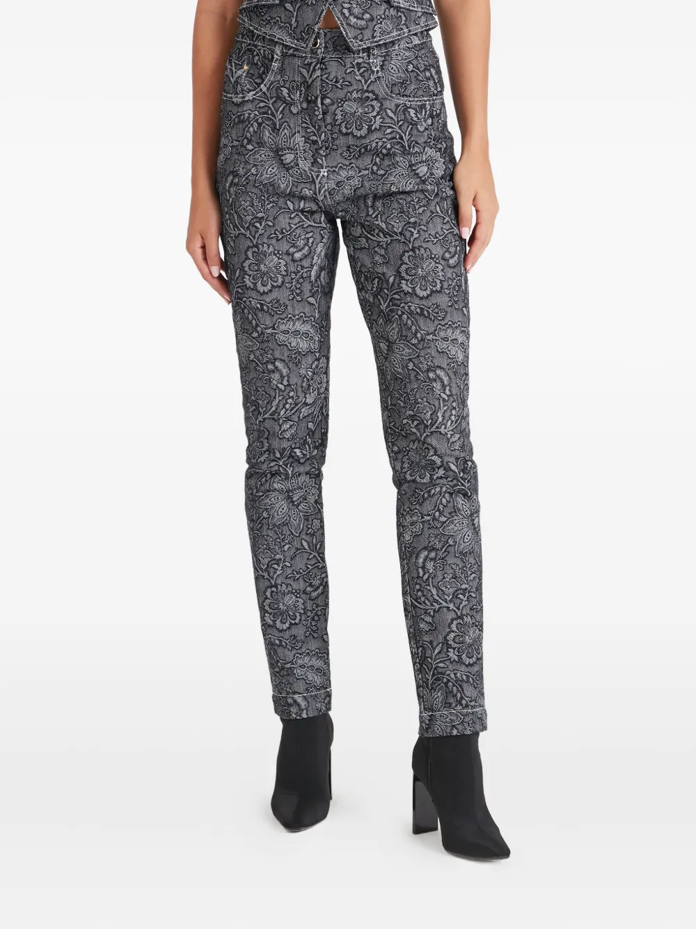 Temperley London Floral-print Denim Trousers In Black