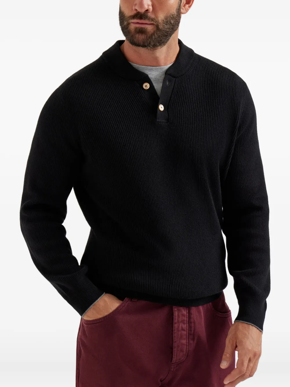 Brunello Cucinelli ribbed Henley-neck sweater Zwart