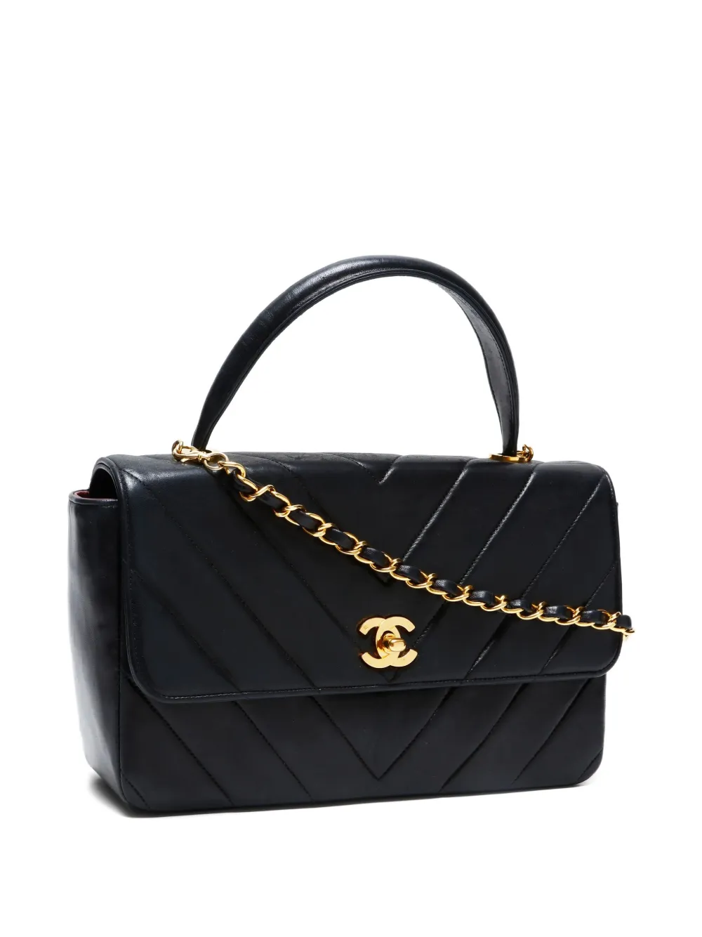 Pre-owned Chanel 1989 Chevron-quilting Lambskin Shoulder Bag In Black