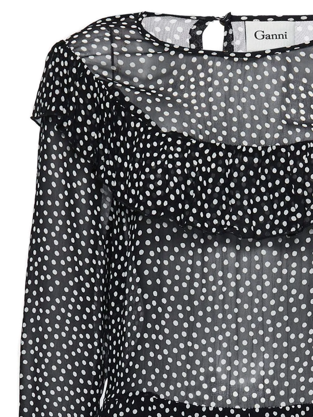 Pre-owned Ganni Polka-dot Ruffle Dress In Black