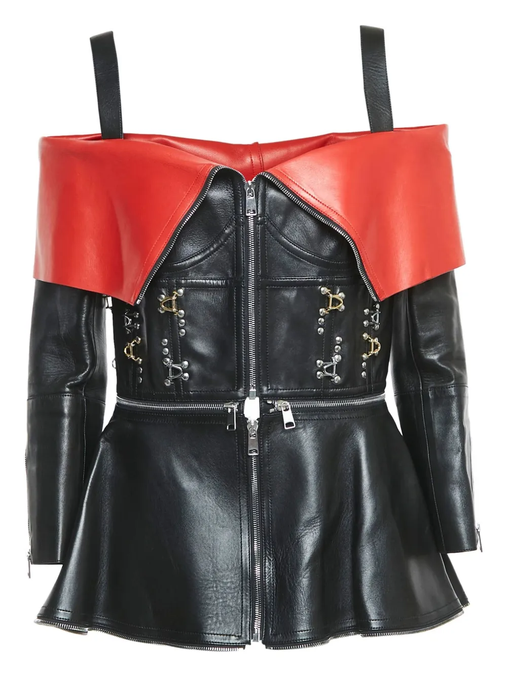 Pre-owned Alexander Mcqueen Off-shoulder Leather Jacket In Black