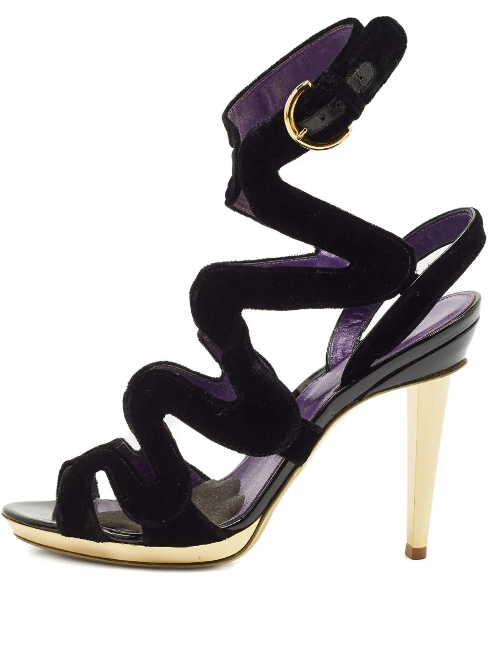 Pre-owned Sergio Rossi Vintage 100mm Wave Velvet Sandals In Black