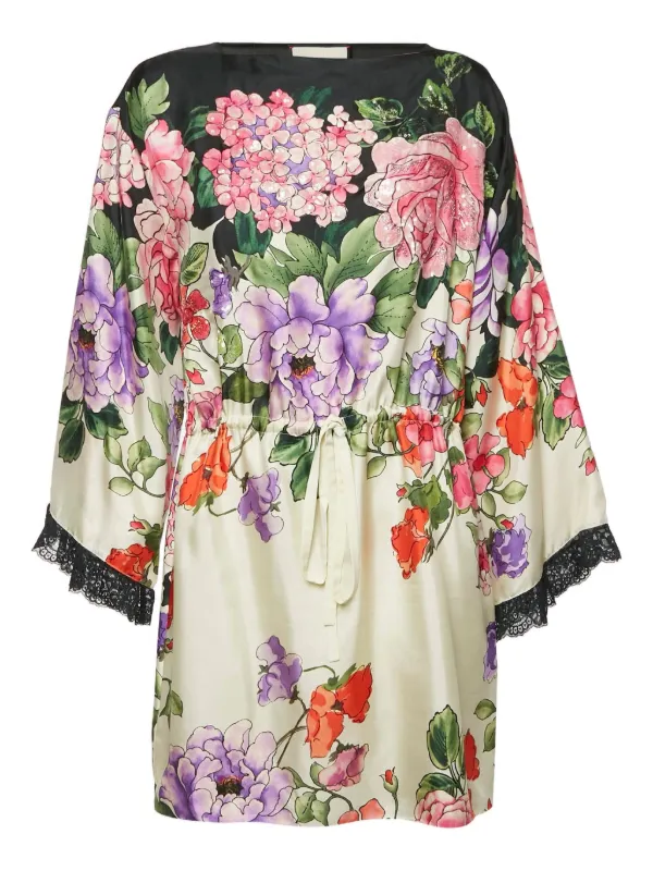 gucci floral print silk dress Floral Silk Ruffle Front Evening Dress