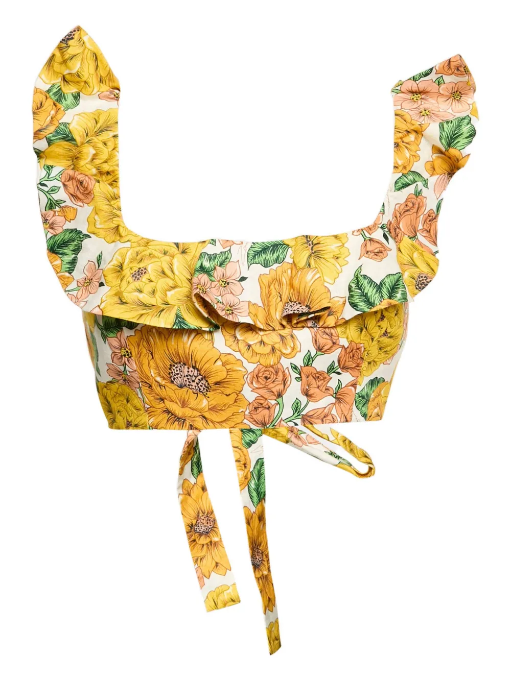 Pre-owned Zimmermann Floral Ruffles Tie-front Top In Yellow