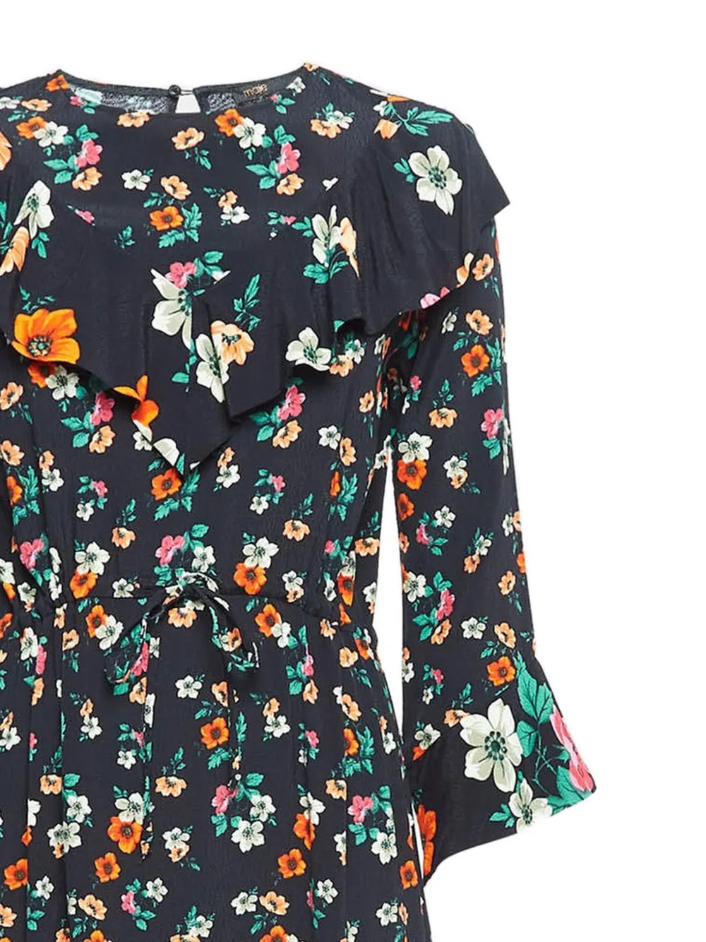 Maje Jurk met bloemenprint en franje - Zwart