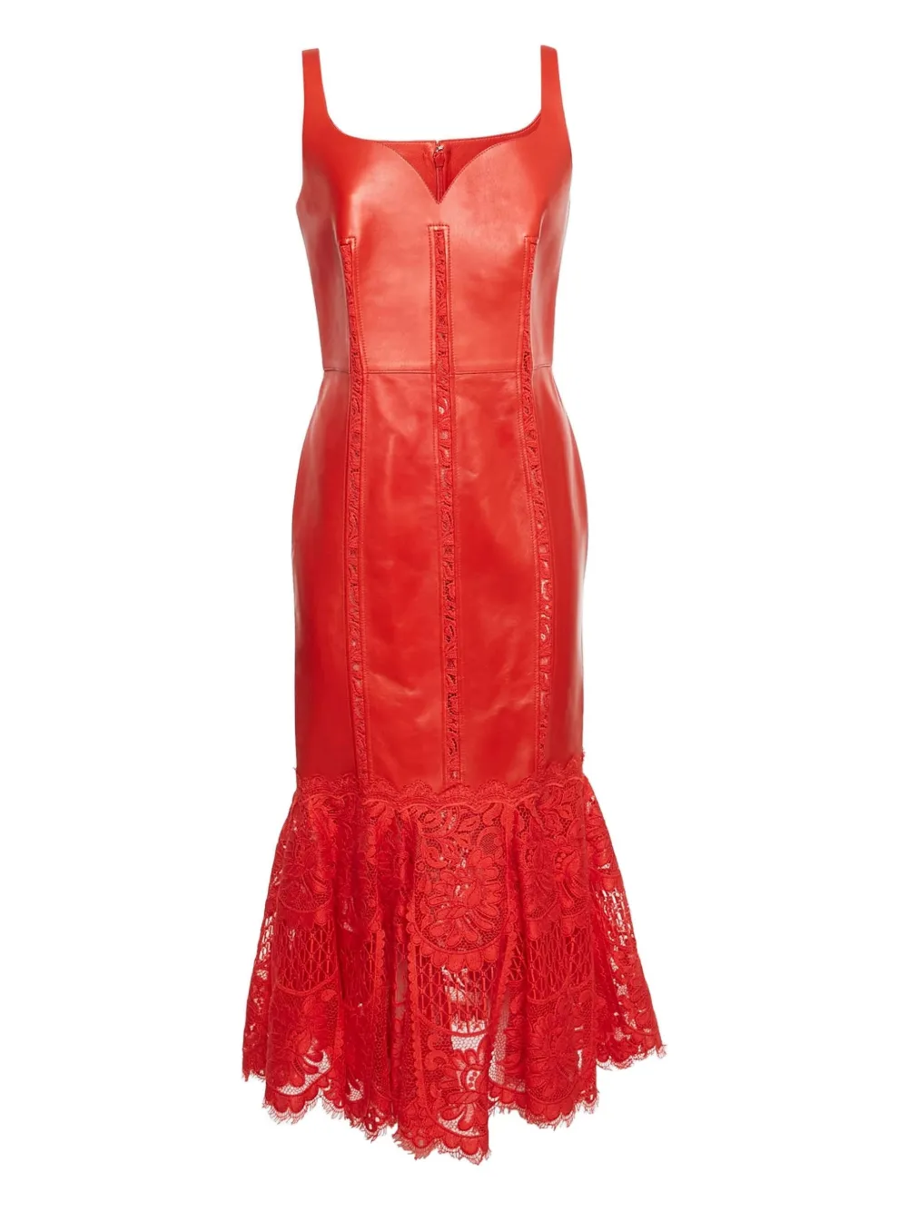 Pre-owned Alexander Mcqueen 2024 Leather Lace Midi Dress In Red
