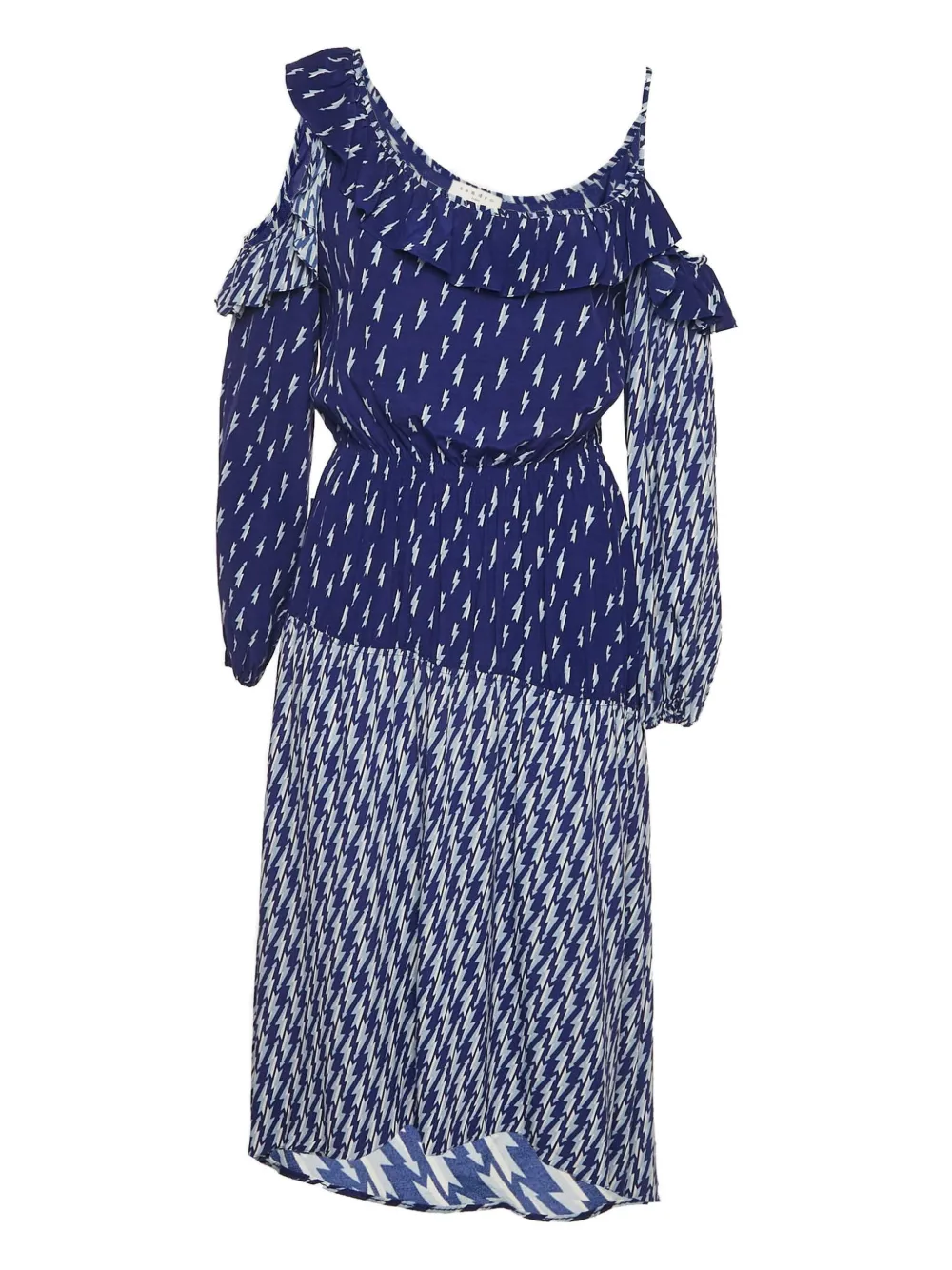 Pre-owned Sandro Lightning-bolt Print Ruffled Midi Dress In Blue