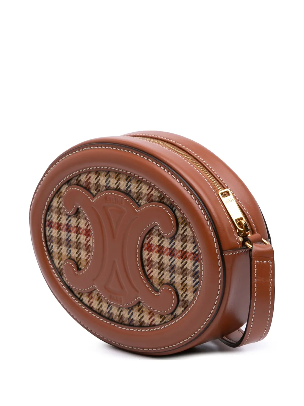 Pre-owned Celine 2022 Small Canvas And Calfskin Cuir Triomphe Houndstooth Oval Crossbody Bag In Brown