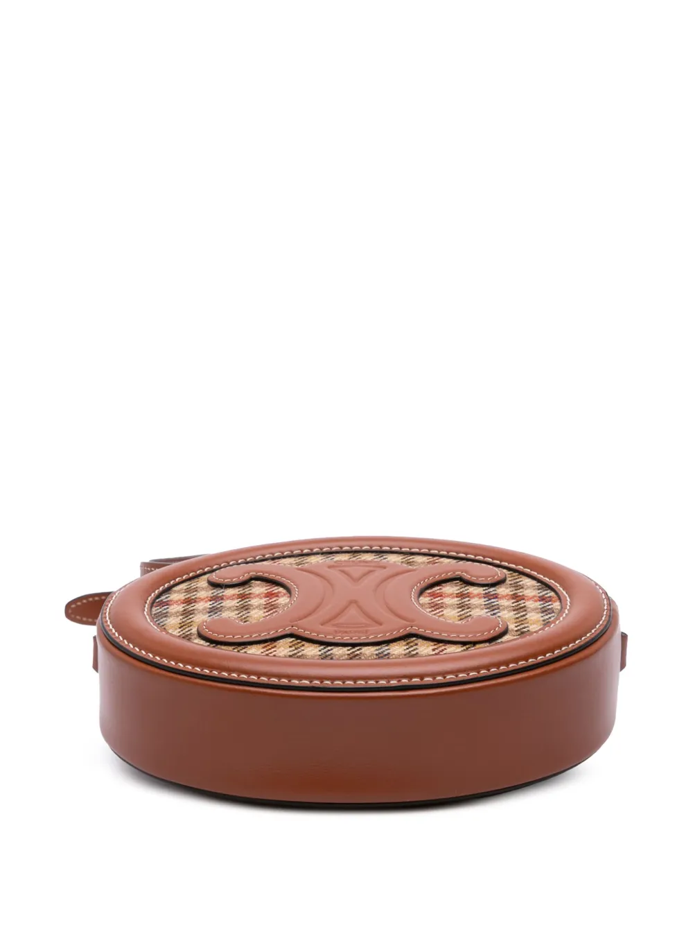 Pre-owned Celine 2022 Small Canvas And Calfskin Cuir Triomphe Houndstooth Oval Crossbody Bag In Brown