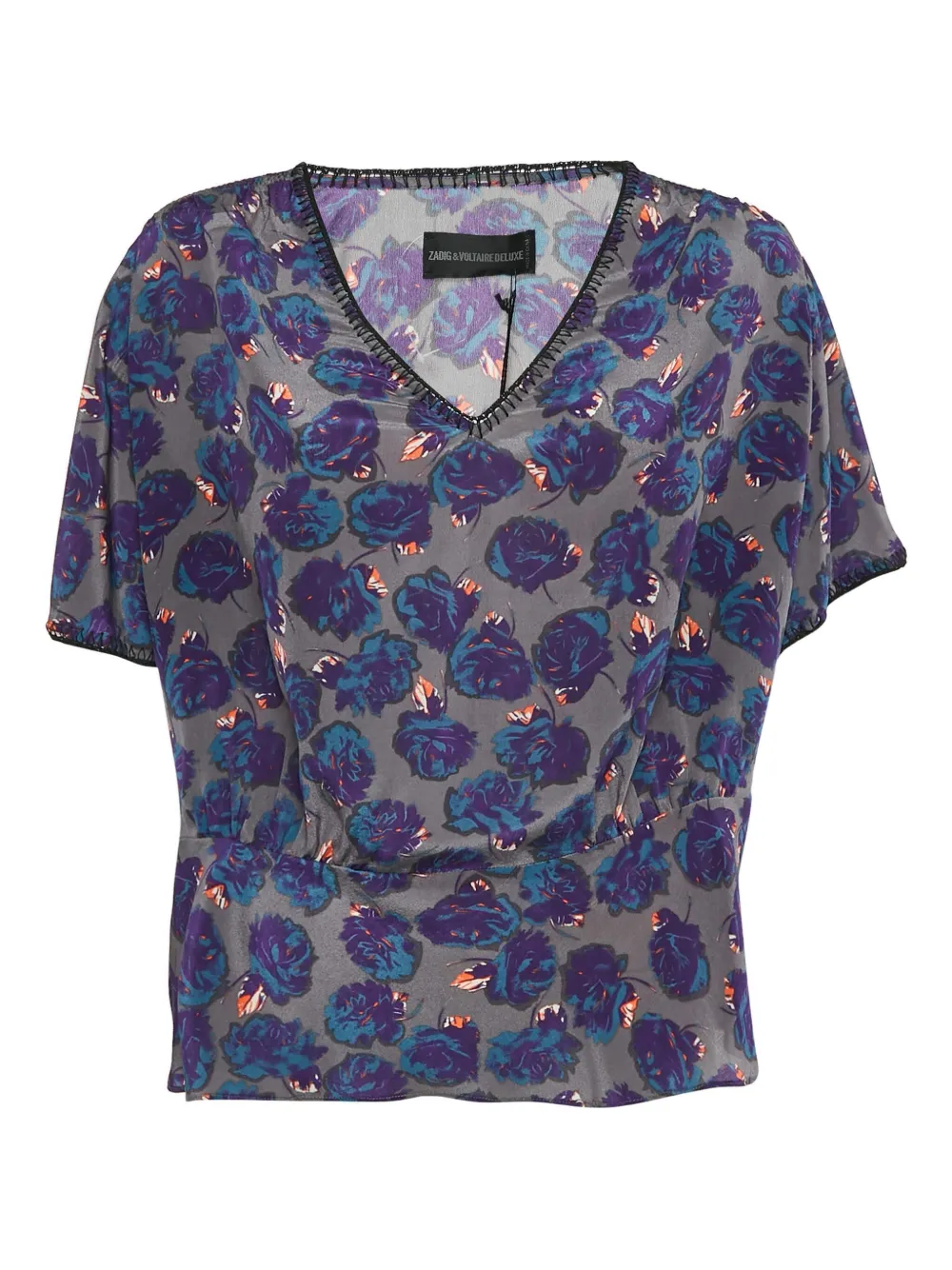 Pre-owned Zadig & Voltaire Floral-print V-neck Blouse In Gray