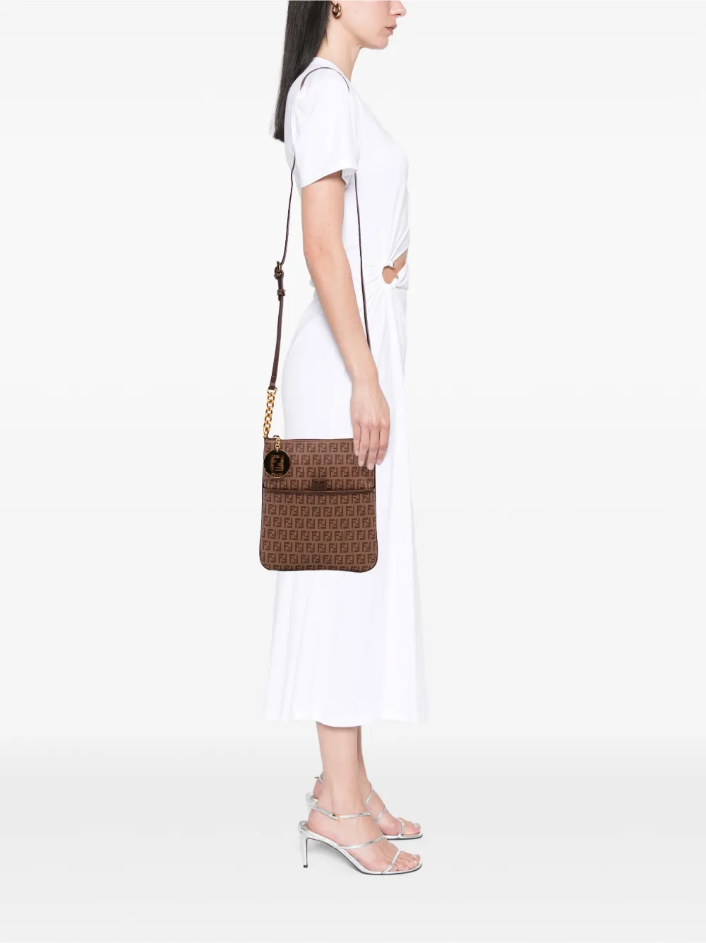 Pre-owned Fendi 2010-2025 Small Zucchino Coated Canvas Charm Zip Crossbody Bag In Brown