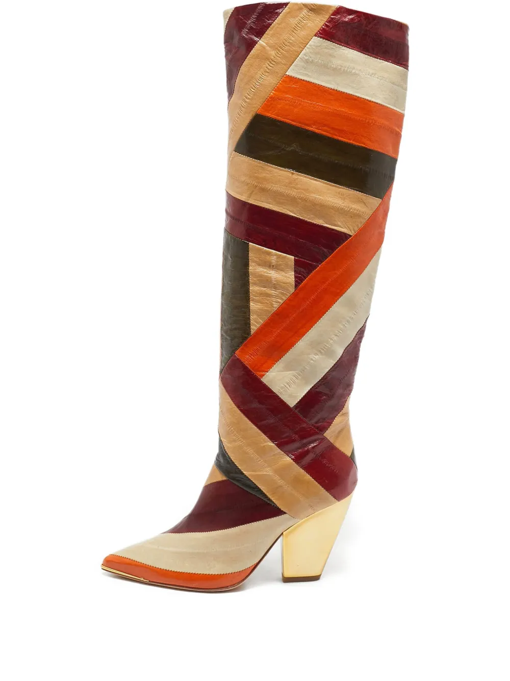 Pre-owned Tory Burch  100mm Patchwork Eel Leather Boots In Orange