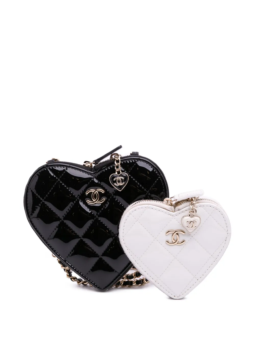 Pre-owned Chanel 2021-2025 Quilted Patent Calfskin Cc Heart Clutch With Chain Crossbody Bag In Black