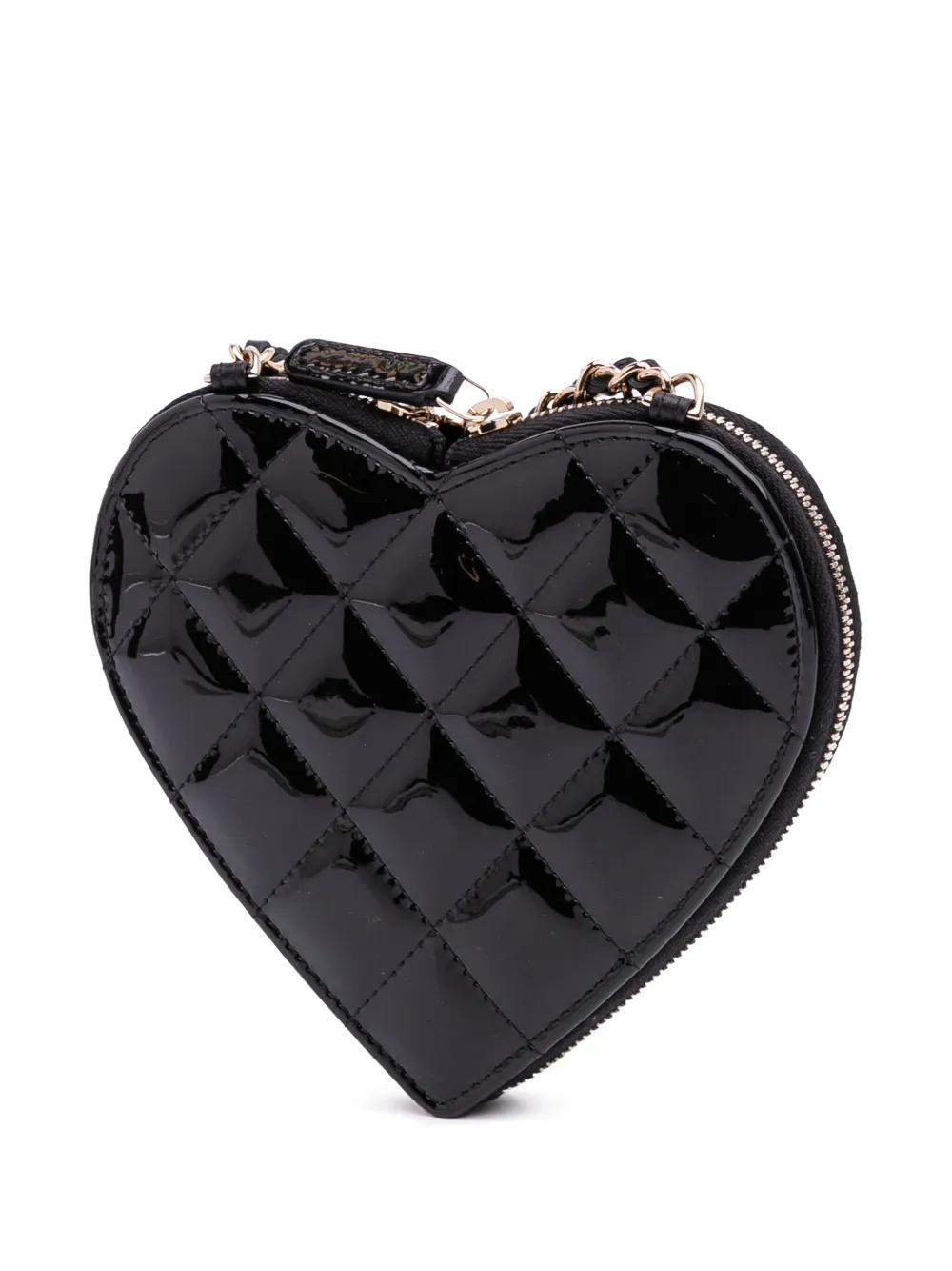 Pre-owned Chanel 2021-2025 Quilted Patent Calfskin Cc Heart Clutch With Chain Crossbody Bag In Black
