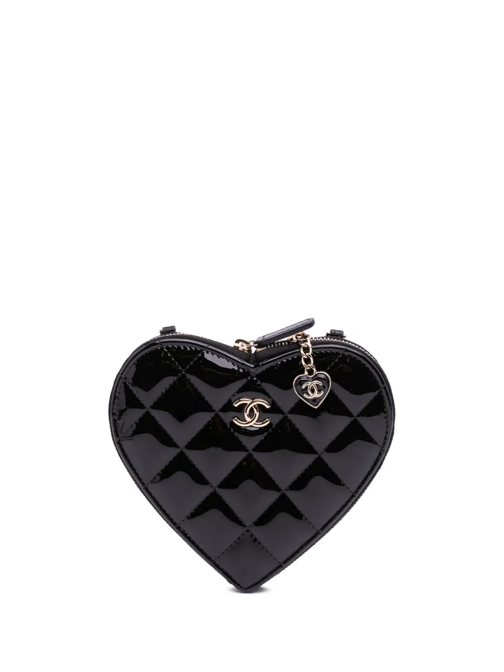 Pre-owned Chanel 2021-2025 Quilted Patent Calfskin Cc Heart Clutch With Chain Crossbody Bag In Black