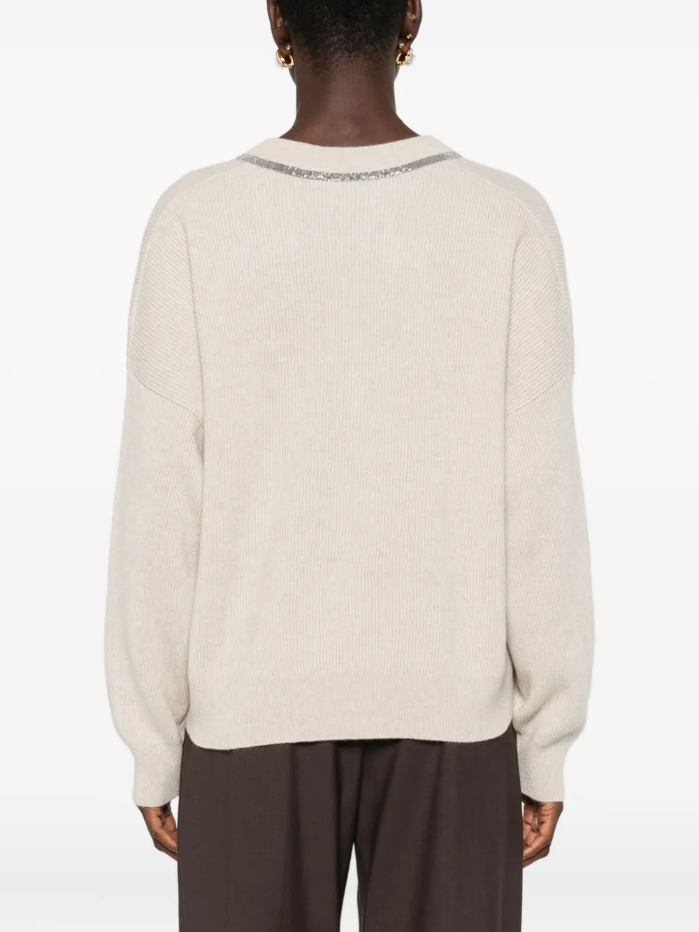 Brunello Cucinelli Trui verfraaid met kristallen en V-ahls Beige