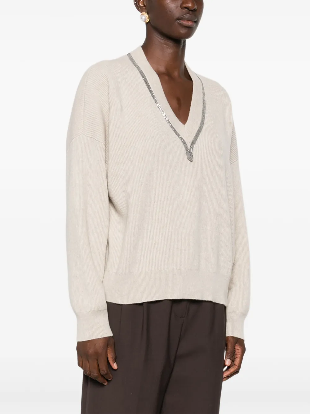 Brunello Cucinelli Trui verfraaid met kristallen en V-ahls Beige