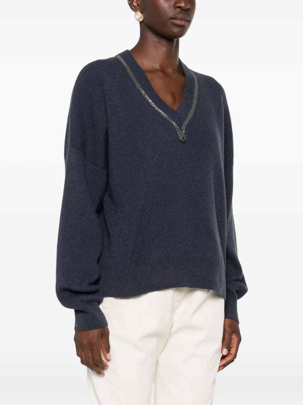 Brunello Cucinelli Kasjmier top met V-hals en monili afwerking Blauw