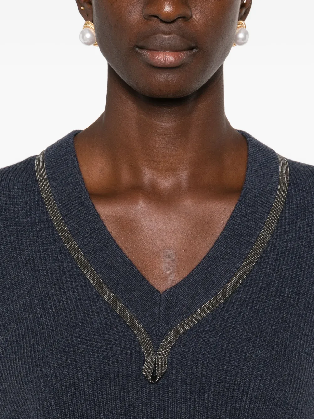 Brunello Cucinelli Kasjmier top met V-hals en monili afwerking Blauw