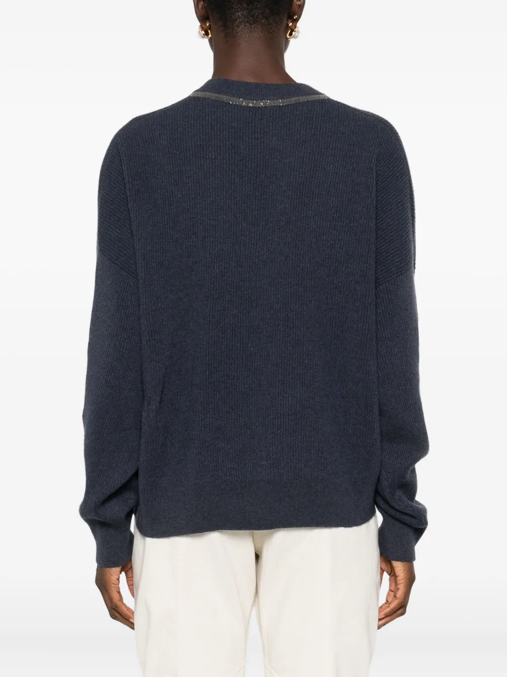 Brunello Cucinelli Kasjmier top met V-hals en monili afwerking Blauw